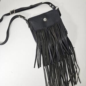 Vintage Harley Biker Western Style Leather Fringe Hip Bag Black Purse Bag Fringe